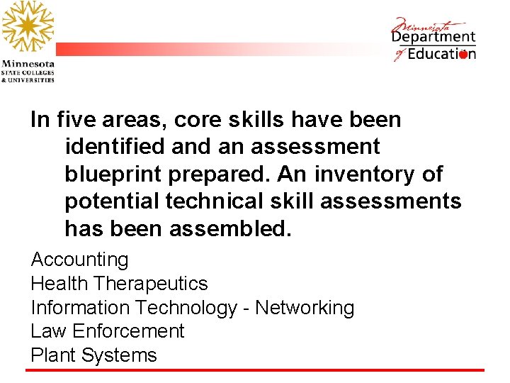 In five areas, core skills have been identified an assessment blueprint prepared. An inventory