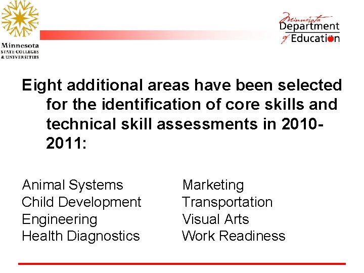 Eight additional areas have been selected for the identification of core skills and technical