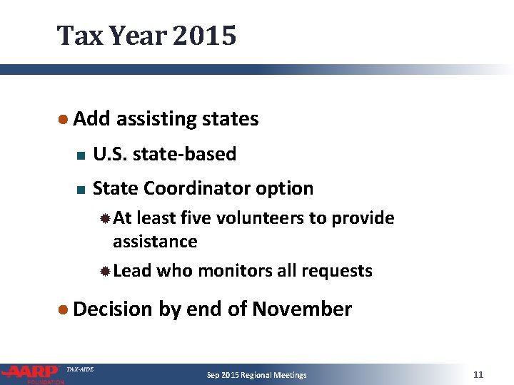 Tax Year 2015 ● Add assisting states U. S. state-based State Coordinator option At