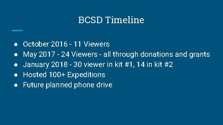 BCSD Timeline ● ● ● October 2016 - 11 Viewers May 2017 - 24