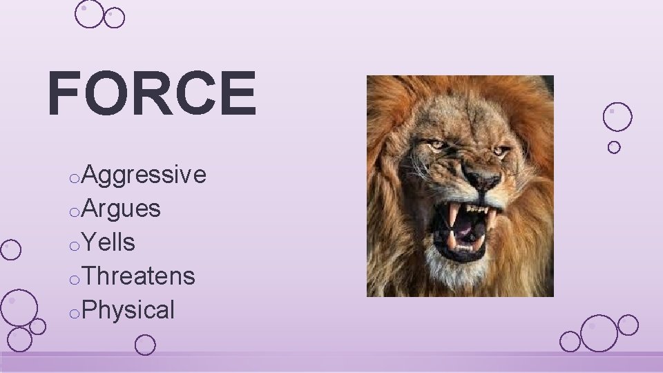 FORCE o. Aggressive o. Argues o. Yells o. Threatens o. Physical 