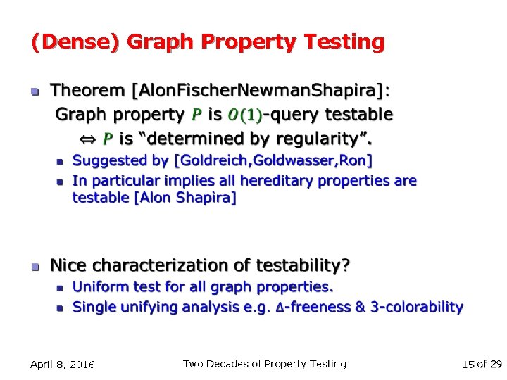 (Dense) Graph Property Testing n April 8, 2016 Two Decades of Property Testing 15