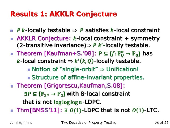 Results 1: AKKLR Conjecture n April 8, 2016 Two Decades of Property Testing 25