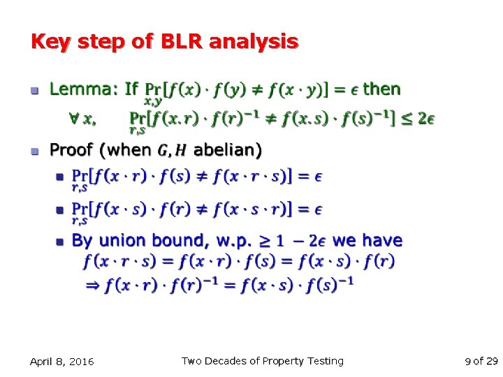 Key step of BLR analysis n April 8, 2016 Two Decades of Property Testing