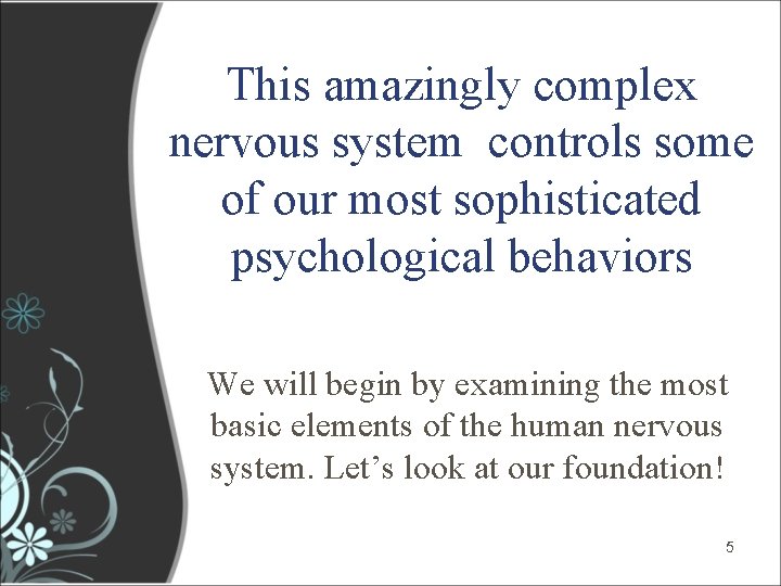 This amazingly complex nervous system controls some of our most sophisticated psychological behaviors We This amazingly complex nervous system controls some of our most sophisticated psychological behaviors We