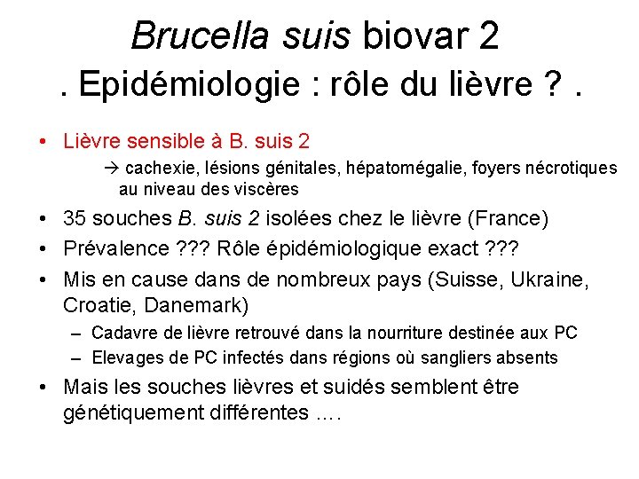 Brucella suis biovar 2. Epidémiologie : rôle du lièvre ? . • Lièvre sensible