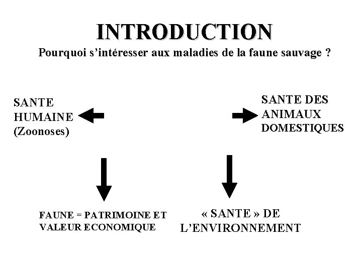 INTRODUCTION Pourquoi s’intéresser aux maladies de la faune sauvage ? SANTE HUMAINE (Zoonoses) FAUNE