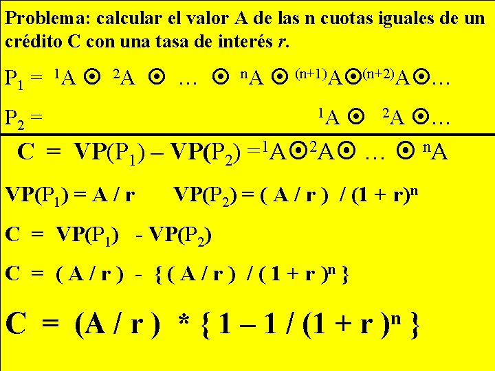 Problema: calcular el valor A de las n cuotas iguales de un crédito C