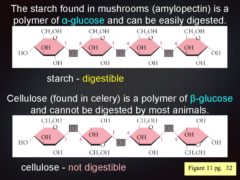 The starch found in mushrooms (amylopectin) is a polymer of α-glucose and can be