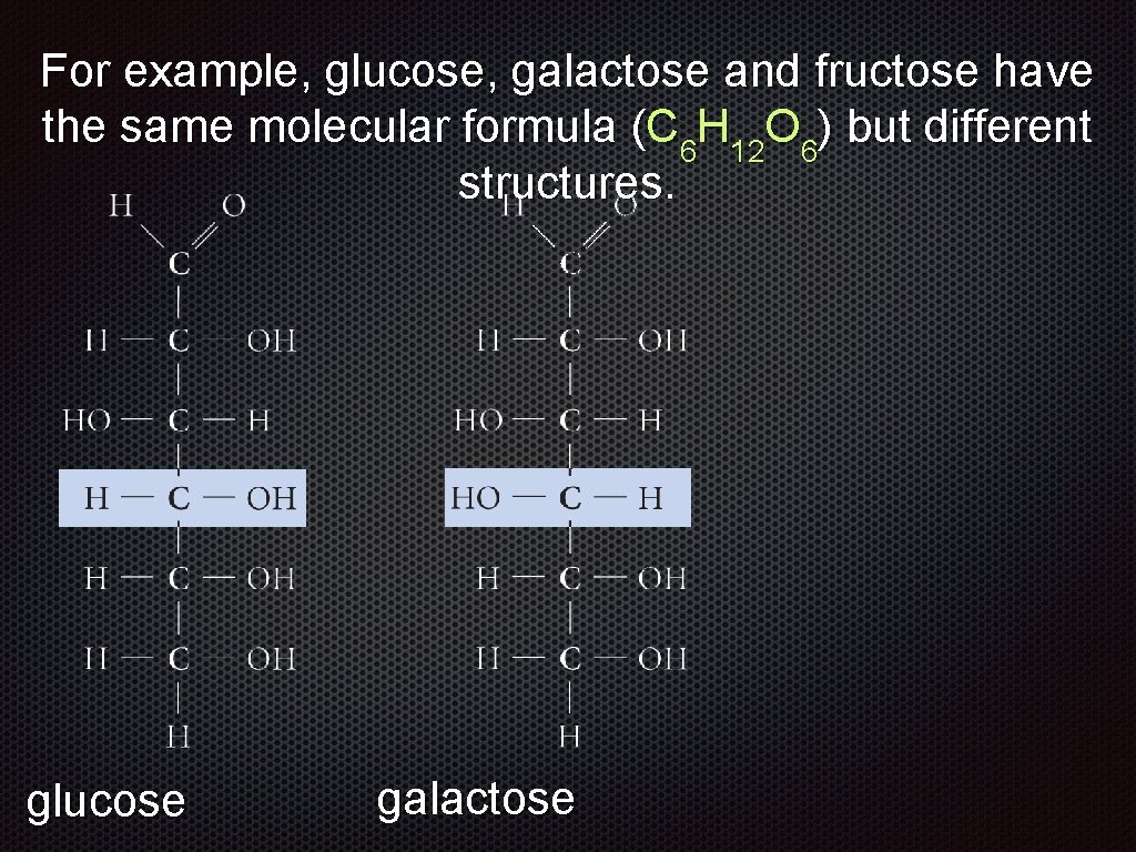 For example, glucose, galactose and fructose have the same molecular formula (C 6 H