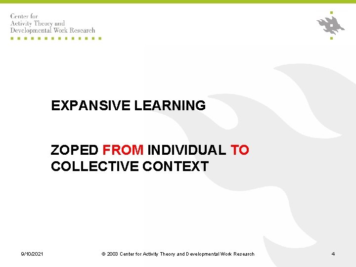 EXPANSIVE LEARNING ZOPED FROM INDIVIDUAL TO COLLECTIVE CONTEXT 9/10/2021 © 2003 Center for Activity