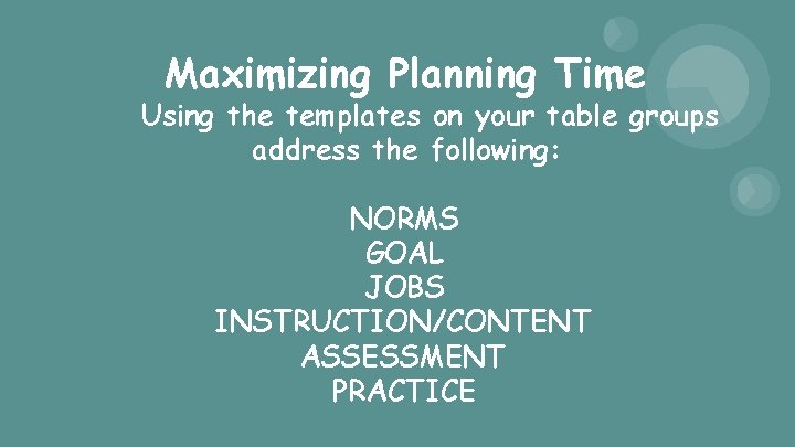 Maximizing Planning Time Using the templates on your table groups address the following: NORMS