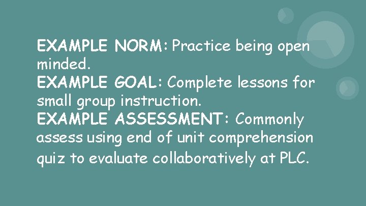EXAMPLE NORM: Practice being open minded. EXAMPLE GOAL: Complete lessons for small group instruction.