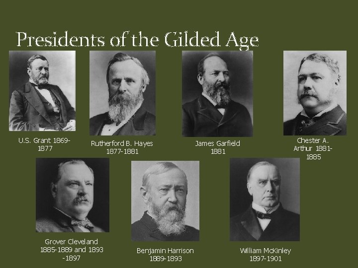 Presidents of the Gilded Age U. S. Grant 18691877 Rutherford B. Hayes 1877 -1881