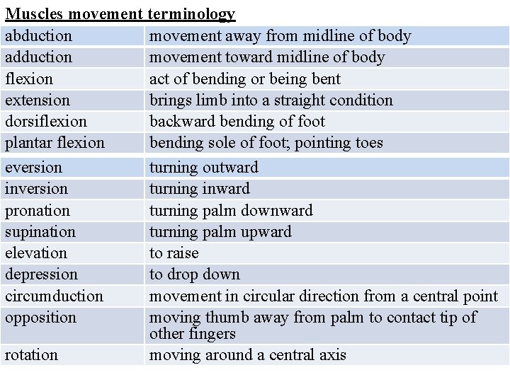 Muscles movement terminology abduction movement away from midline of body adduction movement toward midline