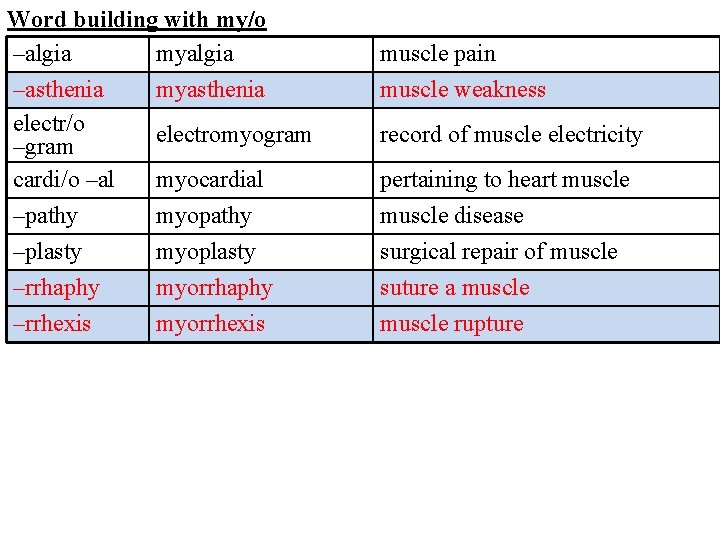 Word building with my/o –algia myalgia –asthenia myasthenia electr/o electromyogram –gram cardi/o –al myocardial