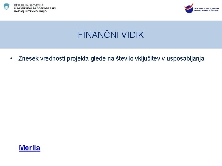 FINANČNI VIDIK • Znesek vrednosti projekta glede na število vključitev v usposabljanja Merila 