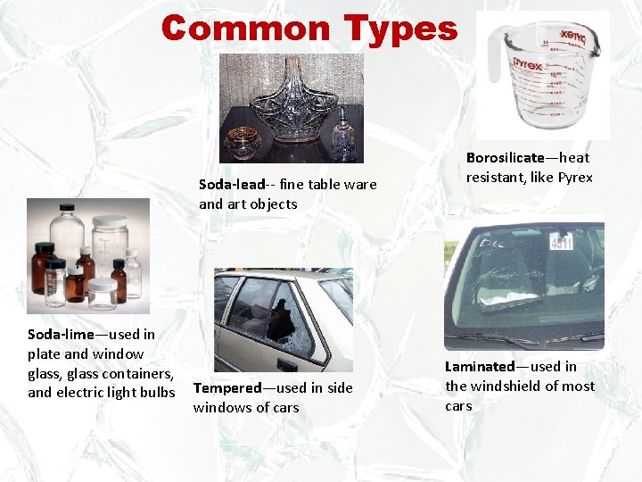 Common Types Soda-lead-- fine table ware and art objects Soda-lime—used in plate and window Common Types Soda-lead-- fine table ware and art objects Soda-lime—used in plate and window