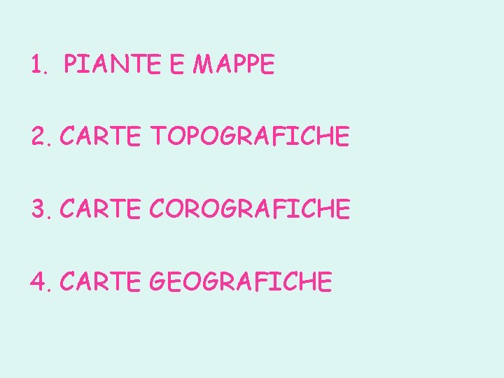 1. PIANTE E MAPPE 2. CARTE TOPOGRAFICHE 3. CARTE COROGRAFICHE 4. CARTE GEOGRAFICHE 