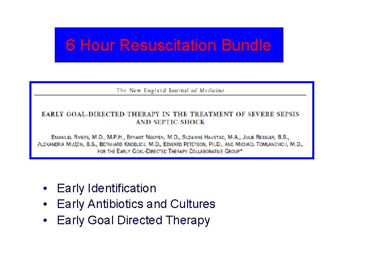 6 Hour Resuscitation Bundle • Early Identification • Early Antibiotics and Cultures • Early