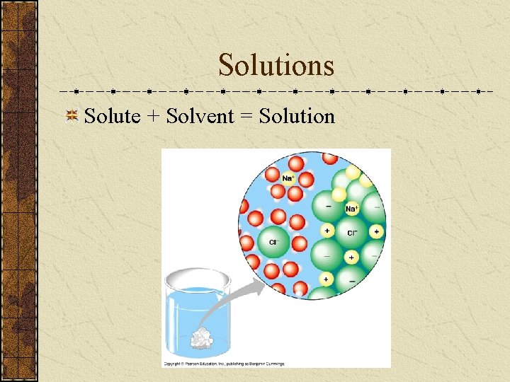 Solutions Solute + Solvent = Solution 