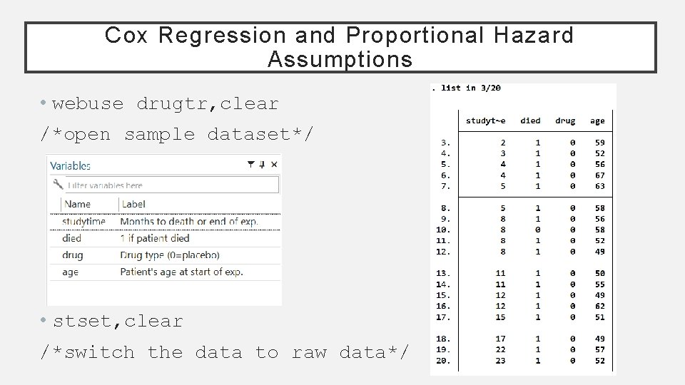 Cox Regression and Proportional Hazard Assumptions • webuse drugtr, clear /*open sample dataset*/ •