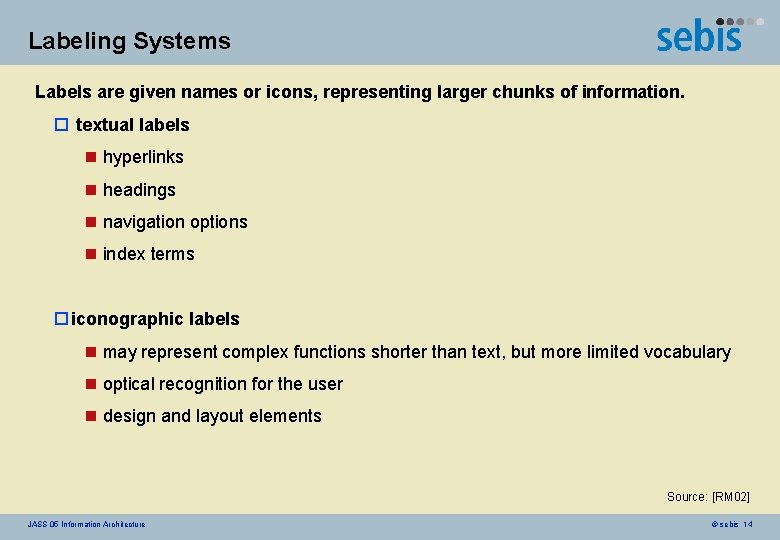 Labeling Systems Labels are given names or icons, representing larger chunks of information. o