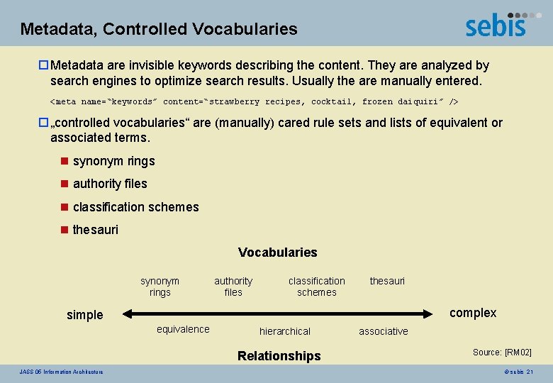 Metadata, Controlled Vocabularies o Metadata are invisible keywords describing the content. They are analyzed