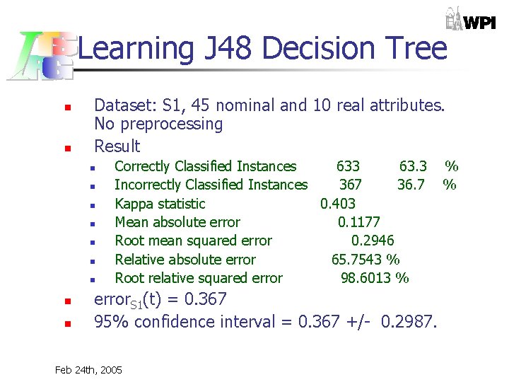 Learning J 48 Decision Tree n n Dataset: S 1, 45 nominal and 10