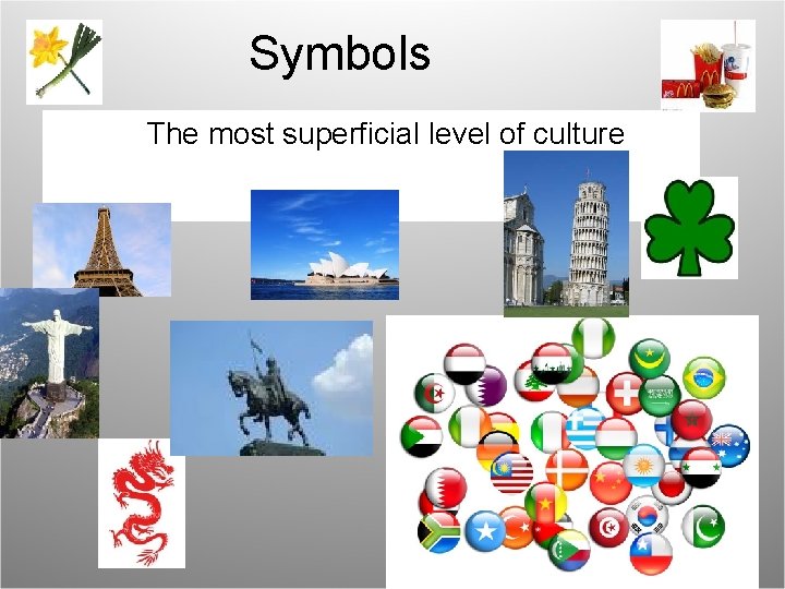 Symbols The most superficial level of culture 