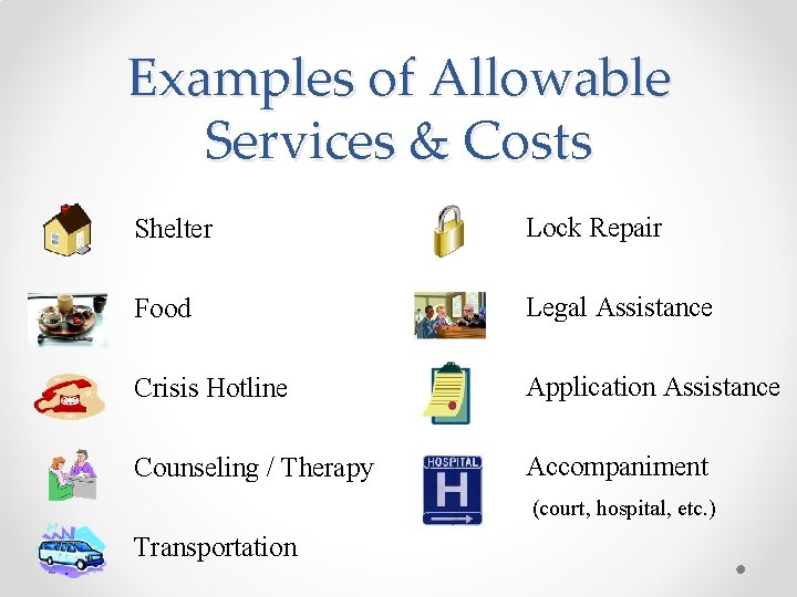 Examples of Allowable Services & Costs Shelter Lock Repair Food Legal Assistance Crisis Hotline