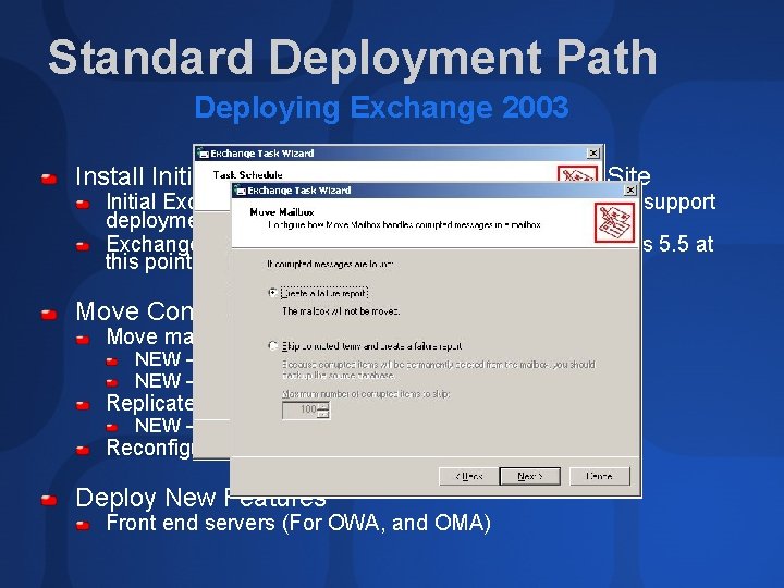 Standard Deployment Path Deploying Exchange 2003 Install Initial Exchange 2003 Server into a 5.