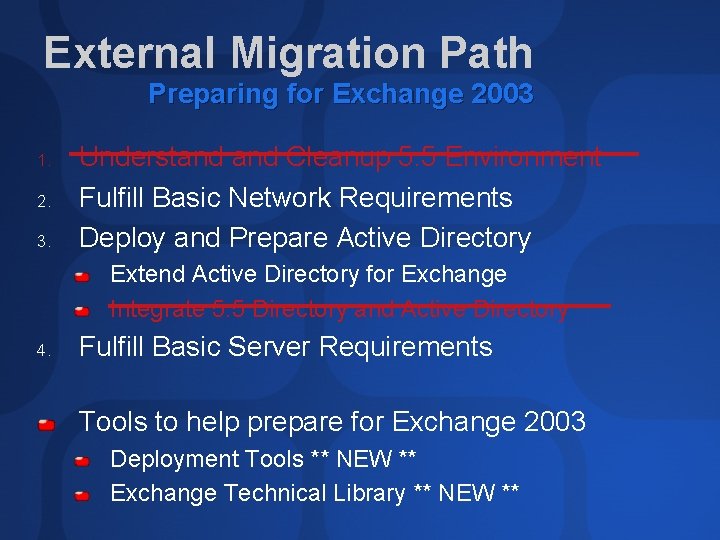 External Migration Path Preparing for Exchange 2003 1. 2. 3. Understand Cleanup 5. 5