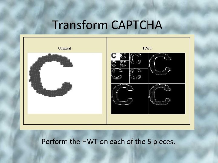 Transform CAPTCHA Perform the HWT on each of the 5 pieces. 