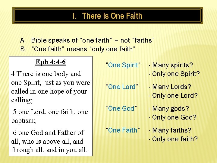I. There Is One Faith A. Bible speaks of “one faith” – not “faiths”