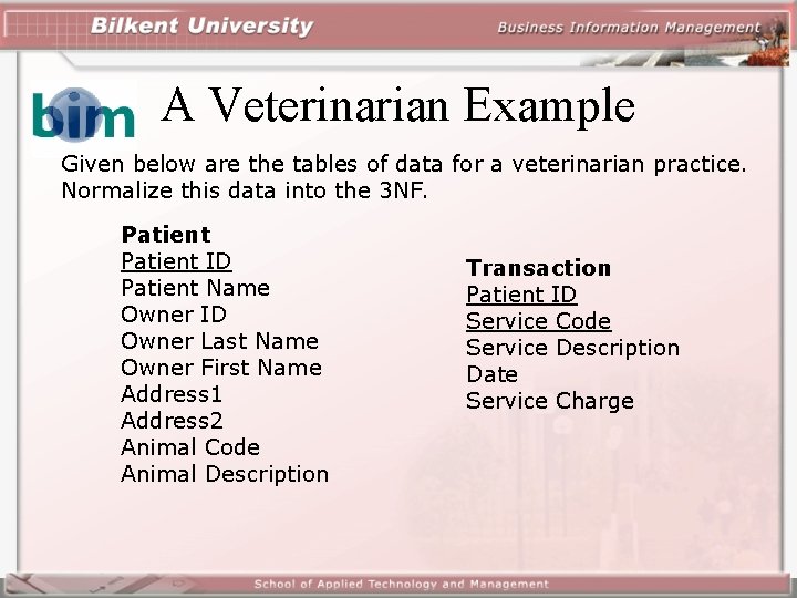 A Veterinarian Example Given below are the tables of data for a veterinarian practice.
