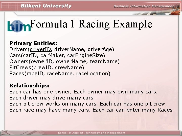 Formula 1 Racing Example Primary Entities: Drivers(driver. ID, driver. Name, driver. Age) Cars(car. ID,