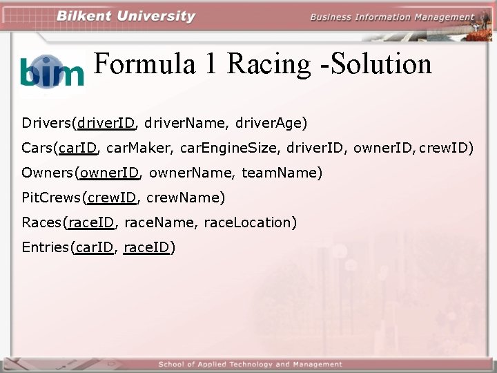 Formula 1 Racing -Solution Drivers(driver. ID, driver. Name, driver. Age) Cars(car. ID, car. Maker,