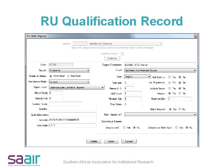 RU Qualification Record Southern African Association for Institutional Research 