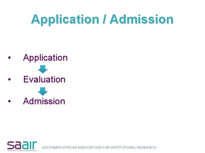 Application / Admission • Application • Evaluation • Admission SOUTHERN AFRICAN ASSOCIATION FOR INSTITUTIONAL