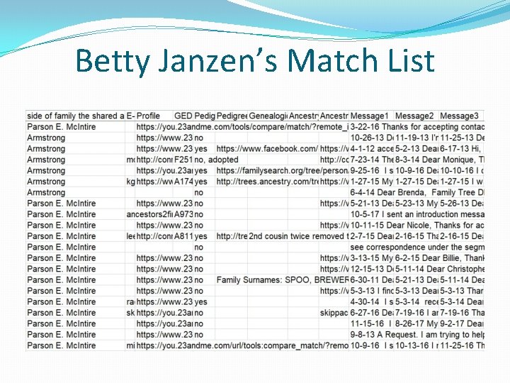 Betty Janzen’s Match List Betty Janzen’s Match List