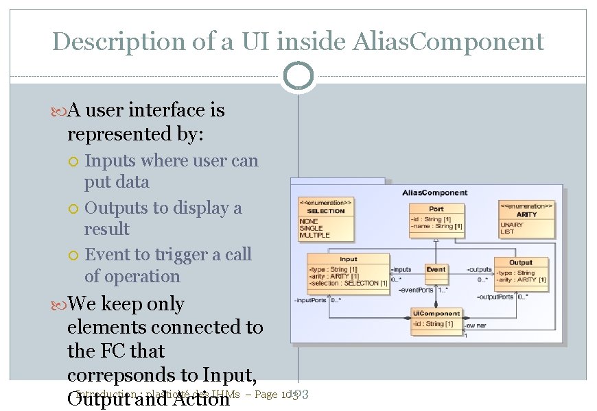 Description of a UI inside Alias. Component A user interface is represented by: Inputs