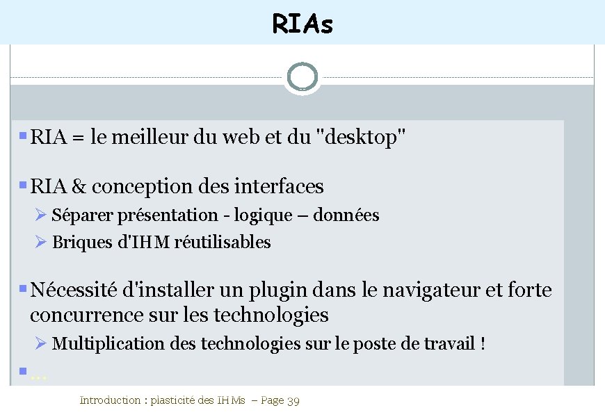RIAs RIA = le meilleur du web et du "desktop" RIA & conception des