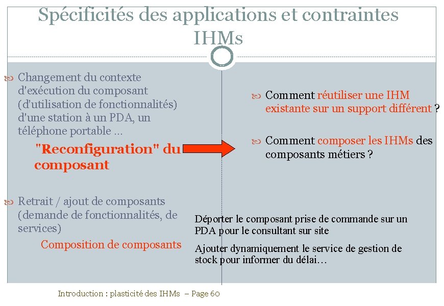 Spécificités des applications et contraintes IHMs Changement du contexte d'exécution du composant (d’utilisation de
