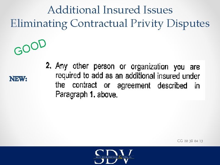 Additional Insured Issues Eliminating Contractual Privity Disputes D O GO NEW: CG 20 38