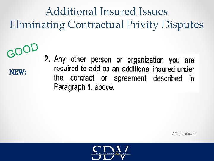 Additional Insured Issues Eliminating Contractual Privity Disputes D O GO NEW: CG 20 38