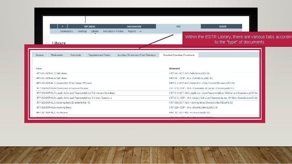 Within the ESTR Library, there are various tabs according to the "type" of documents