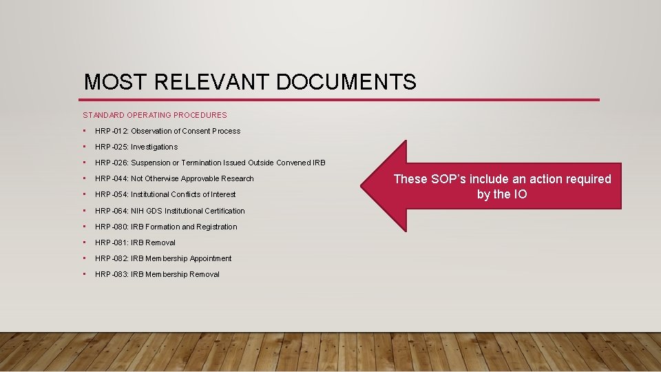 MOST RELEVANT DOCUMENTS STANDARD OPERATING PROCEDURES • HRP-012: Observation of Consent Process • HRP-025: