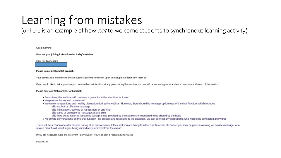 Learning from mistakes (or here is an example of how not to welcome students