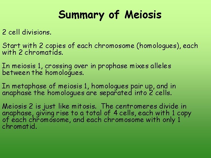 Summary of Meiosis 2 cell divisions. Start with 2 copies of each chromosome (homologues), Summary of Meiosis 2 cell divisions. Start with 2 copies of each chromosome (homologues),